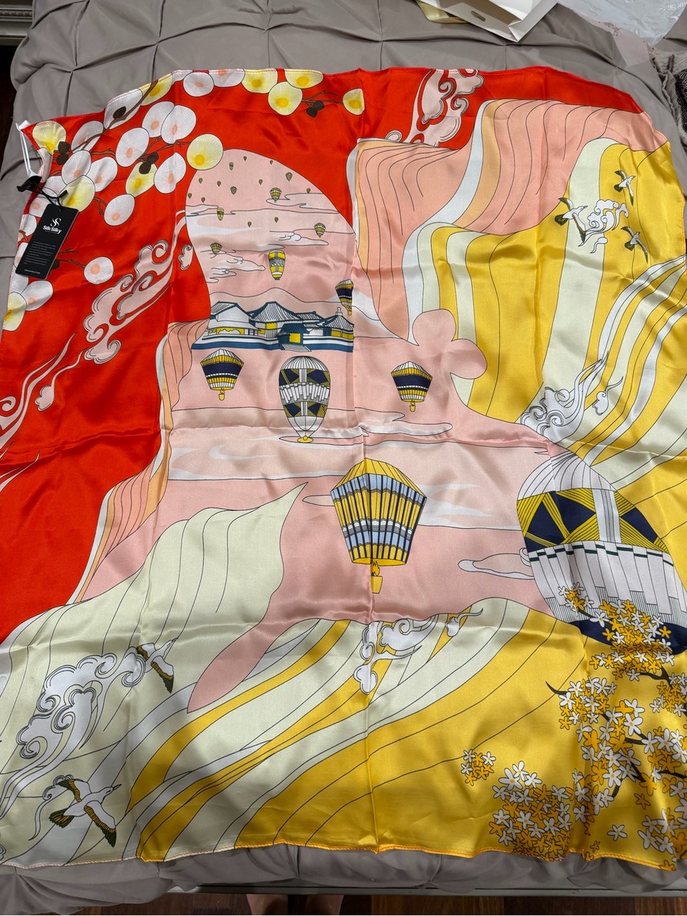 Silk Scarf with Hot Air Balloon and Floral Print - Red, Pink, Yellow